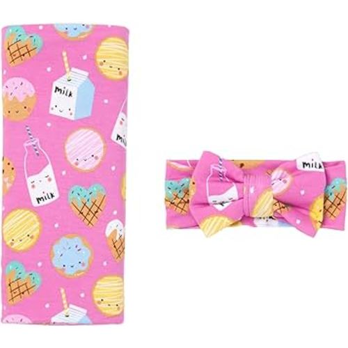 Little Sleepies Swaddle & Headband Bow Set, Viscose from Bamboo Baby Swaddles, Newborn Baby Girl Clothes (Luxe Pink Cookies & Milk)