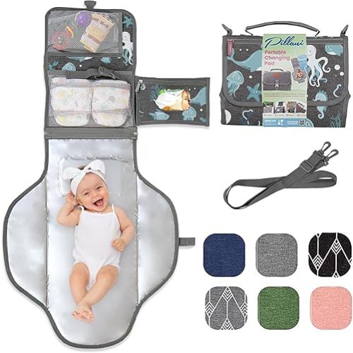Portable Changing Pad for Baby, Travel Diaper Changing Pad for Newborn, Large Waterproof Baby Changing Mat, Foldable & Detachable Diaper Changing Station with Baby Wipes Pockets, Baby Stuff by Pillani