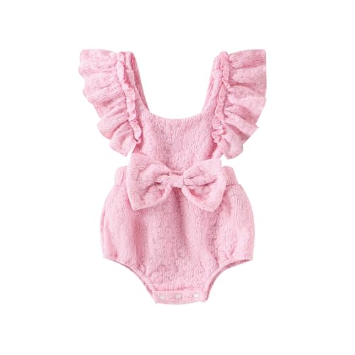 FOMOYUU Newborn Baby Girl Romper Summer Scoop Neck Flying Sleeve Clothes Ruffle Floral Bow Jumpsuit (Pink, 9-12 Months)