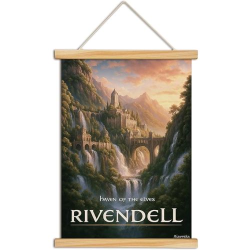 XIAOAIKA Middle Earth Elven Valley Fantasy Wall Art, Enchanted Landscape Canvas Poster with Solid Wood Frame, Hanging Print for Fans of Mythical Realms and Elven-Inspired Decor, 16x23 Inch
