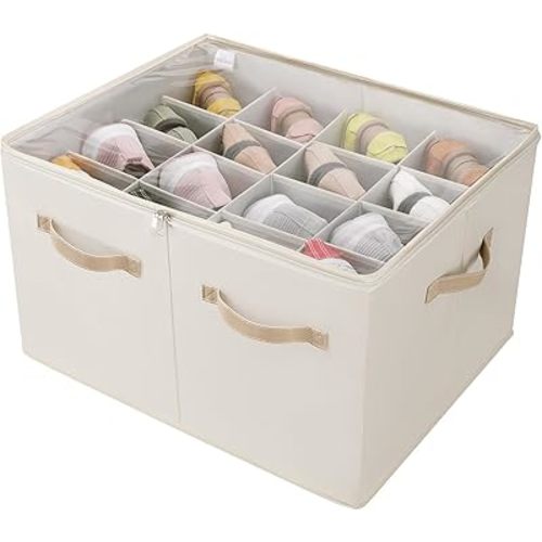 Shoe Organizer for Closet, Foldable Shoe Box with Adjustable Dividers and Clear Cover, Space Saving Shoe Storage Organizer Cabinet with Reinforced Handles, Fits 16 Pairs, Beige TP09Y