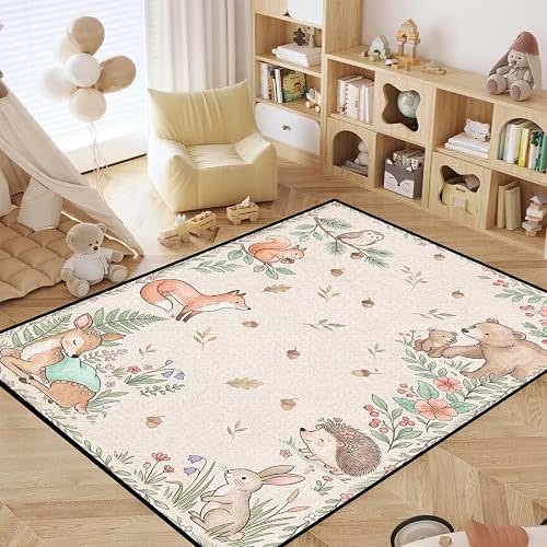 Woodland Animal Nursery Rug 4x6, Cute Washable Kids Room Rug