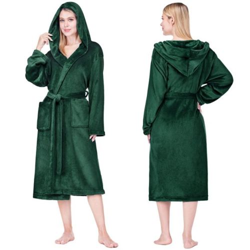 PAVILIA Women Robe with Hood, Fleece Plush Soft Long Hooded Robe, Fluffy Fuzzy Cozy Warm Bathrobe Shower Spa (Emerald Green, 2X-3X), Mother's Day Gift