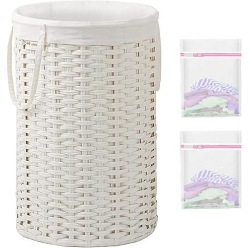 Large Laundry Hamper Laundry Basket Round 34.3 Gal (130 L) Handwoven Wicker Laundry Baskets Rattan Laundry Basket with Removable Bag Handles 2 Mesh Bags for Living Room Bedroom White
