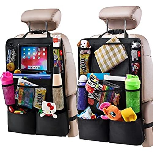 Helteko Backseat Car Organizer, Kick Mats Back Seat Protector with Touch Screen Tablet Holder, Car Back Seat Organizer for Kids, Car Travel Accessories, Kick Mat with 9 Storage Pockets 2 Pack