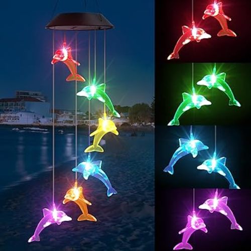 Solar Dolphin Gift for Mom Grandma Girls, Color Changing Wind Chimes for Outside, Solar Outdoor Decorative Mobile Lights for Garden, Yard, Patio, Window, Party, Christmas Decorations