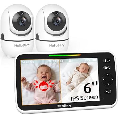 HelloBaby 6" Split Screen No WiFi Baby Monitor 2 Cameras & Audio, 30H ECO | Private No-WiFi, 2-Room Monitoring, Night Vision, Easy Setup, 1000ft, PTZ, VOX, ECO, 2-Way Talk, Time, Parents & Caregivers