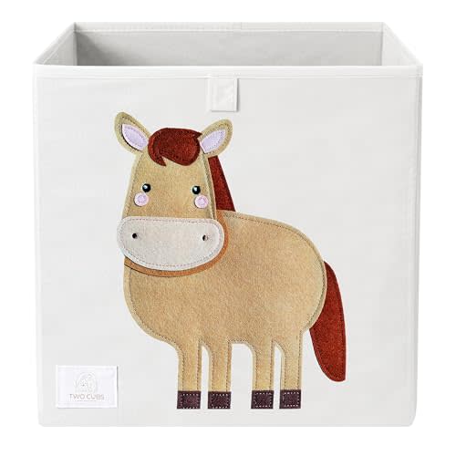 Two Cubs Foldable Kids Toy Storage Box - 13"x13" Cube Organizer Bin with Durable 2.6mm Plastic Plate Boards, Horse Design in White - Collapsible Nursery & Playroom Storage, Fits IKEA Kallax Shelves