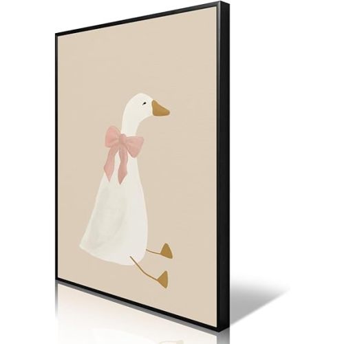Silly Goose Canvas Wall Art, Cute Nursery Animal Aesthetic Poster, Goose with Pink Bow Print for Kids Room, Neutral Beige Farm Animal Painting for Baby Playroom Wall Decor 8x12in Wrapped Canvas