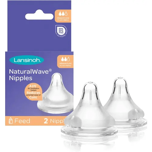 Lansinoh NaturalWave Baby Bottle Nipples, Medium Flow, Size M, Anti-Colic, 2 Count