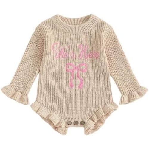 Baby Girl Fall Outfit Newborn Romper Knit Sweater She's Here Embroidery Long Sleeve Ruffle Bodysuit Sweatshirt 0-12M