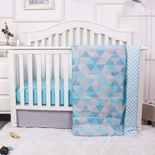 La Premura Geometric Blue Baby Nursery Crib Bedding Set, 3 Piece Gender-Neutral Standard Size Crib Bedding Sets, Grey & Blue