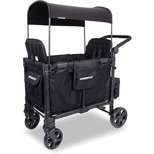 WONDERFOLD W2 Elite Pro Stroller Wagon (2 Seater) - Collapsible Wagon Stroller with Seats with 5-Point Harnesses, Adjustable Push Handle, and Adjustable Sun Canopy, Jet Black