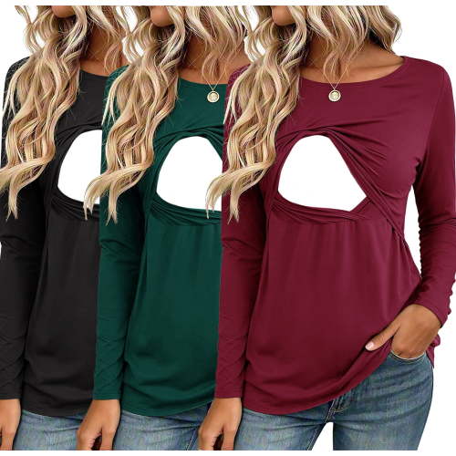 Women's Long Sleeve Maternity Nursing Tops Shirts Breastfeeding Clothes 3-Pack
