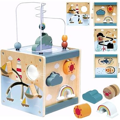 Wooden Activity Cube 6 in 1 Multifunctional Baby Activity Center Sea World Fishing Game Montessori Toys Threading Game Bead Maze Beads Counting Number for Toddler Kids Boys Girls Age 12Months+