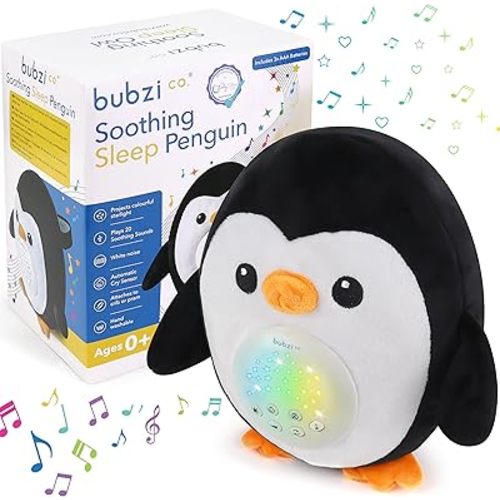 Bubzi Co Portable Penguin Baby Soother & Night Light Projector, Comforting Electronic Infant Toddler Sleep Aid with White Noise