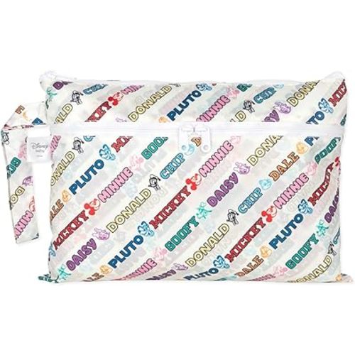 Bumkins Disney Waterproof Wet Dry Clutch Bag for Baby, Travel, Swim Suit, Diapers, Pump Parts, Pool, Gym Clothes, Toiletry, Hook to Stroller, Daycare, Packing Pouch, Zip Bag, Mickey and Friends White