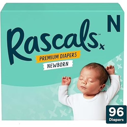 Rascals Premium Absorbent Baby Diapers with Deep Pocket and Triple Leak Guards for Blowout Protection (N-96ct)