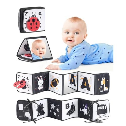High Contrast Black and White Baby Toys for Newborn 0-6 Months Contrast Cards & Sensory Baby Book with Mirror Tummy Time Infant Toys for Visual Stimulation, Early Learning & Brain Development