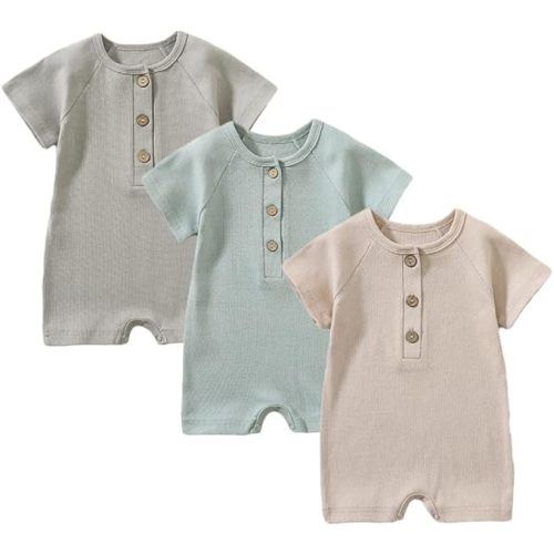 Yookoom Baby Boys Girls 3 Pack Romper Jumpsuits Short Sleeve One Piece Clothes Sets,Gray+Light Green+Beige,0-3M