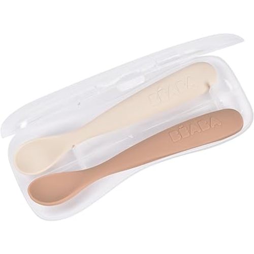 BEABA Baby's First Foods Spoon Set with Travel Case, Original Soft Silicone Baby Spoons, Baby Essentials, Travel Set, Clay