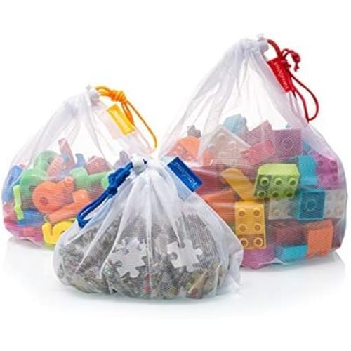 Toy Storage & Organization Mesh Bags Set of 9 See-Through Washable Mesh Bags & Color Coded Drawstrings by Size S, M, L. Playroom Organization, Baby Toys (2 Small, 5 Medium, 2 Large)