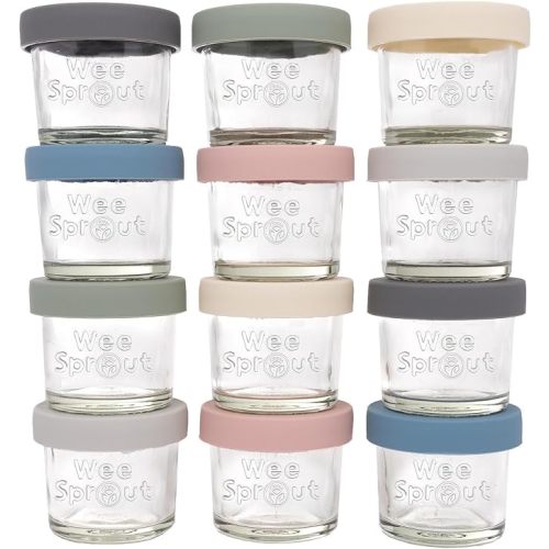 WeeSprout Glass Baby Food Storage Jars with Silicone Lids (4 oz, 12 Pack Set) Snack, Puree, Reusable Small Containers, Breast Milk, Fridge or Freezer, Essential Must Have for Infants