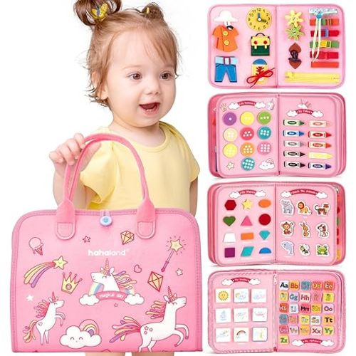hahaland Toddler Busy Board Montessori Toys for 3 Year Old Girl Gifts, Educational Learning Toys with Life Skills, Alphabet, Number, Shape, Color, Car Ride Airplane Travel Toy Toddlers Girls Busy Book