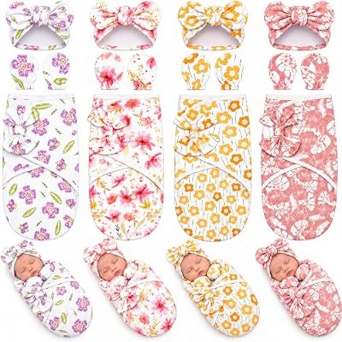 Ramede 4 Sets Preemie Swaddle Blanket with Hats Mittens, Floral Style