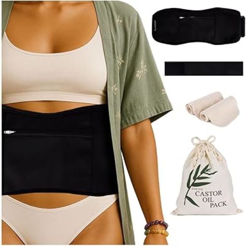 Nurture Your Body: 5-Piece Reusable Castor Oil Pack Wrap (M-5X), Chic Black Fabric Hides Stains, Plush Cotton Flannel Interior, Leak-Resistant & Adjustable Fit, Includes Pads & Storage Bag