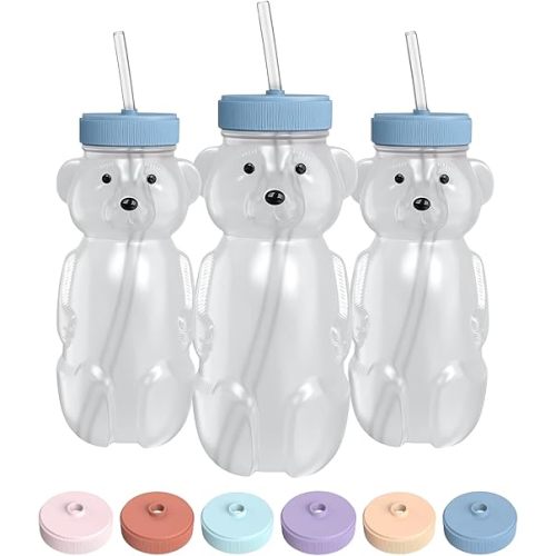 The 730 Project Honey Bear Straw Cup for Babies, 8-oz Honey Bear Cup with Lid, 3-Pack Therapy Learning Honeybear Straw, Baby Bottle Set, Blueberry Pie BLUE
