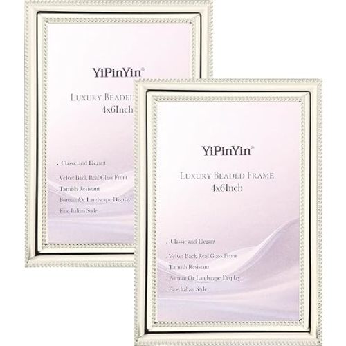 YiPinYin Classy Silver Plated 4x6'' Metal Picture Frame 2 pack,Classic Beaded Photo Frame 6x4'',with Real Glass Front and Velvet Backing,forTabletop or Wall Decor