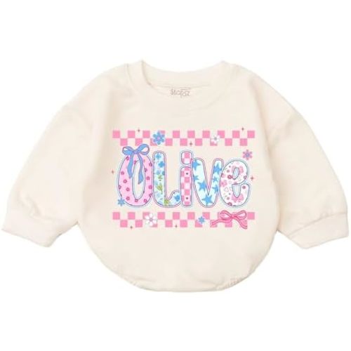Personalized Name Baby Girls Bubble Romper Cute Bows Print Newborn Bodysuit Sweater Custom First Birthday Outfit