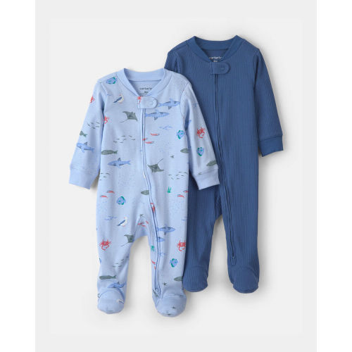 Baby Boy 2-Pack Snug Fit Sleepers Stripe and Dino - Blue | Carter’s Oshkosh Canada