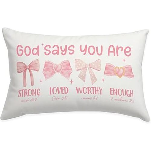 Pink Bow Coquette Christian Throw Pillow Cover 12x20, Bow Decor for Girls Room Dorm, Christian Pillow Cover Gift for Girls Kids Women, Bible Verse Pink Bows Inspirational Affirmations Gifts