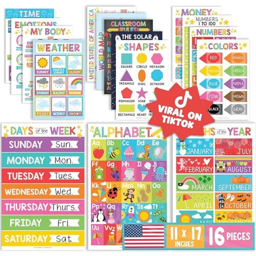 Hadley Designs 16 Educational Posters for Toddlers 1-3 - Learning Poster for Kids Ages 3-5, Alphabet Chart Playroom Homeschool Daycare & Classroom Decor, Kindergarten & Preschool Classroom Must Haves