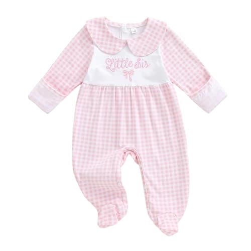 BULINGNA Newborn Baby Girl Footed Romper Onesie Little Sister Embroidery Outfit Long Sleeve Cute Jumpsuit Fall Winter Clothes