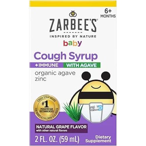 Zarbee's Baby Agave Cough Syrup + Immune for Babies 6+ Months, Safe & Effective with Cough Soothing✝ Organic Agave & Zinc for Immune Support*, Natural Grape Flavor, 2Fl Oz