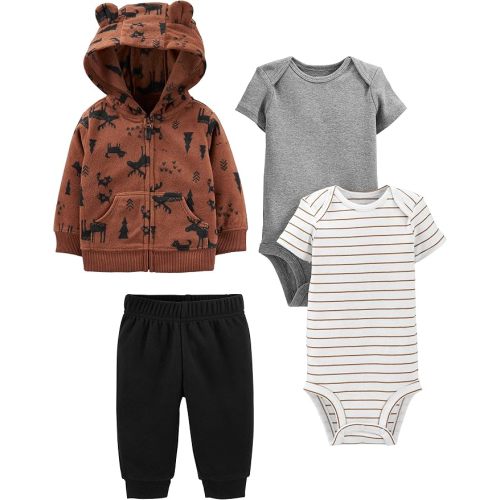 Simple Joys by Carter's Baby Boy's 4-Piece Fleece Jacket, Pant, and Bodysuit Set Pants, Brown Moose, 0-3 Months
