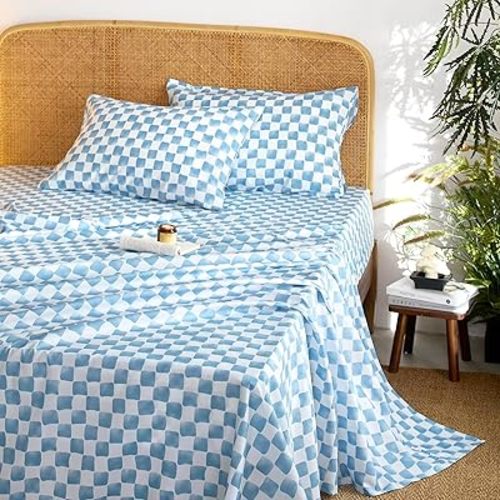 Wake In Cloud - Gingham Sheet Set, 4-Piece Sheet Set, Checkered Grid Plaid Checkerboard Geometric Preppy Hand Drawn Pattern Printed Bedding, Deep Pocket, Blue White, Full Size