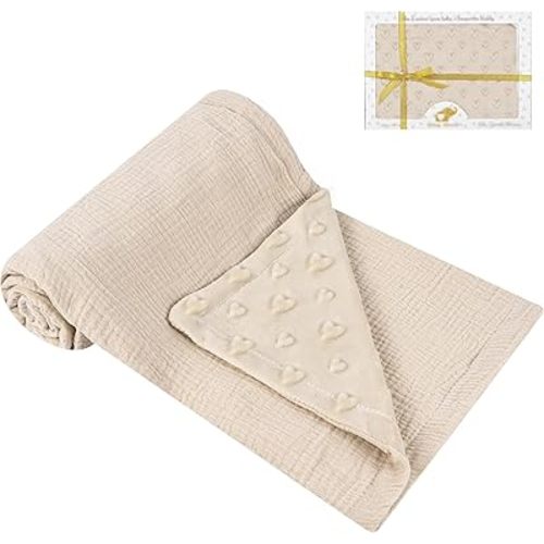 Baby Blanket with Soft Muslin Cotton Front Cozy Heart-Dotted Fleece Back for Boys Girls Neutral Nursery Crib Blankets Toddler Newborn Warm Gifts 30 x 40 inches (Apricot)