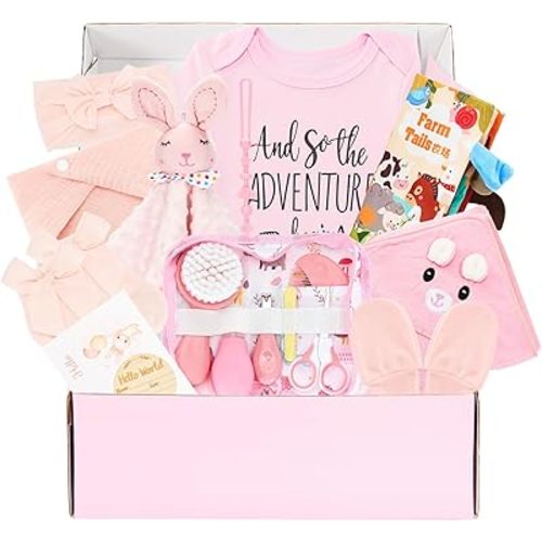 13Pcs New Mom Gifts for Women, Newborn Gift with Swaddle Blanket & Pink Bunny, Baby Gift Basket for Couple, New Parents, Baby Shower, Gender Reveal, First Time Mom & Dad Essentials
