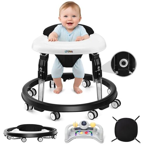 Baby Walker with Wheels, One-Touch Folding Baby Walkers with Height Adjustment and Brake, Portable Walker for Baby Boy Girls 6-18 Months, Black