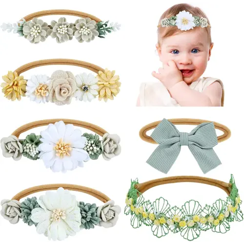 6 Pieces Super Soft Stretchy Green Khaki White Baby Girl Nylon Bow Flower Headbands Floral Lace Headbands Hair Accessories for Newborns Infants Toddlers Girls Kids