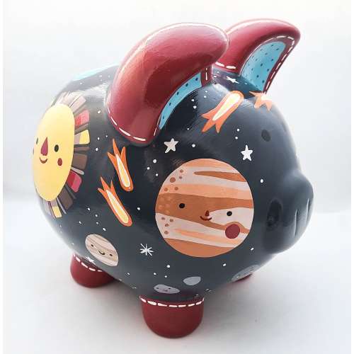 Outer space ceramic personalized piggy bank | With planets, comets, asteroids and stars | Baby boy gift idea | hand painted