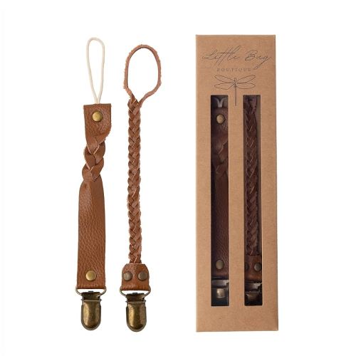 Little Bug Boutique 2-Pack Leather Baby Pacifier Clips - Neutral Pacifier Holders for Baby Girls & Boys, Paci & Binky Clips or Strap for Toys & Teethers (Camel Brown), Pacifier NOT Included