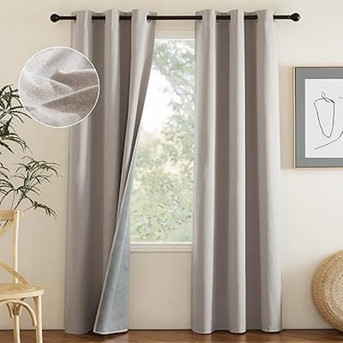 NICETOWN Natural Full Blackout Boho-Chic Faux Linen Curtains 84" Long 2 Panels Set for Cafe Window, 42" Wide, Thick Faux Linen Blend Drapes, Insulated Window Covers Draperies with White Backing