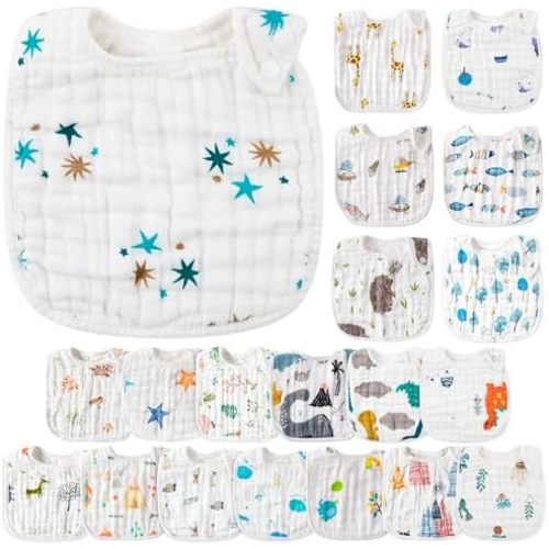 Zainpe 20Pcs Snap Muslin Cotton Baby Bibs Soft Absorbent Adjustable Burp Cloths for Newborns Drooling Feeding Teething Eating