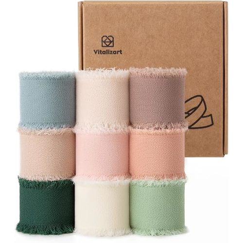 Vitalizart 1" x 27 Yd Chiffon Silk Ribbon Mixed Color Ribbons Set 9 Rolls
