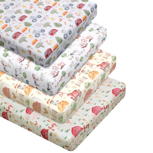 VitalCozy 4 Pcs Farm Animals Crib Sheet Set Newborn Bedding Nursery Baby Sheets for Girl Boys Baby Gifts for Standard Crib and Toddler Mattresses, 52 x 28 x 8 Inches